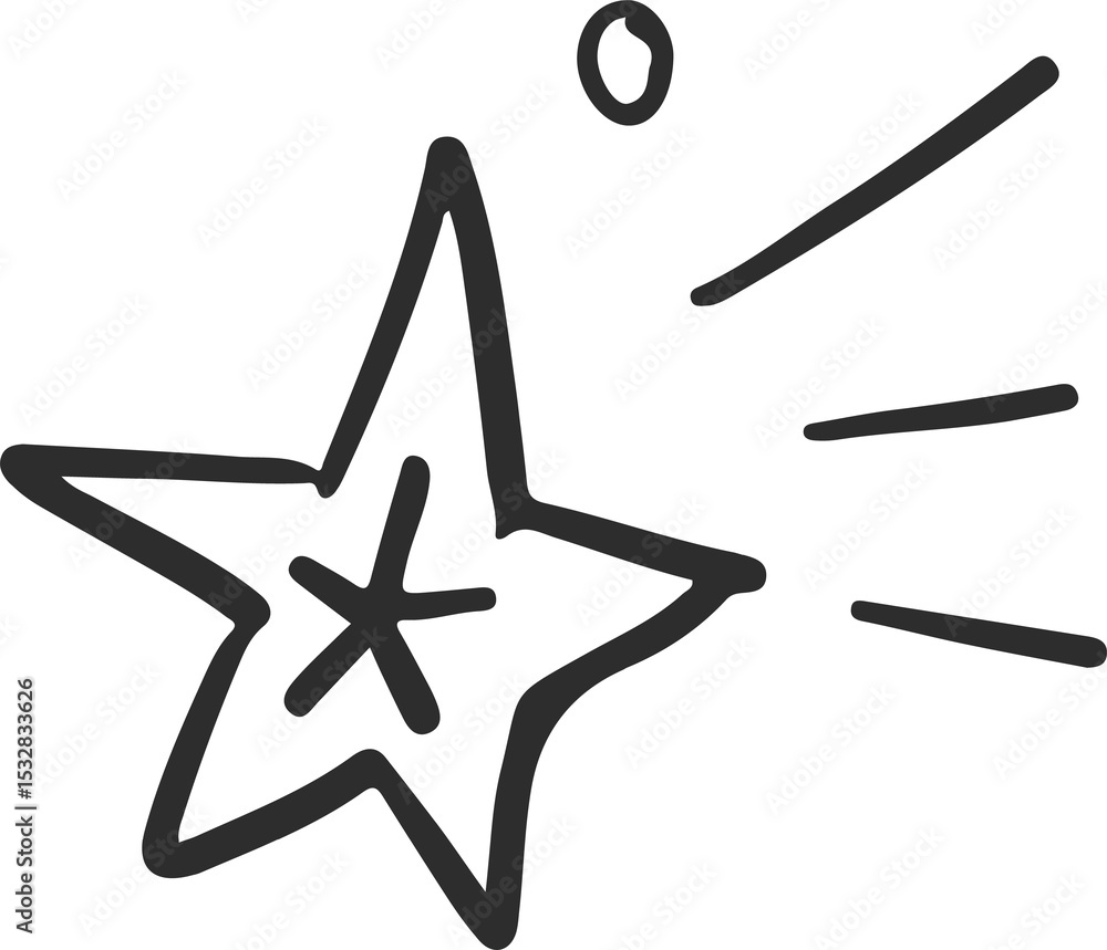 Poster hand-drawing five-pointed star showing inner scribble and sparkle marks on transparent background
