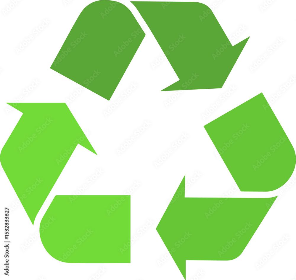 Poster recycling symbol is showing three green arrows forming loop in flat style, transparent background
