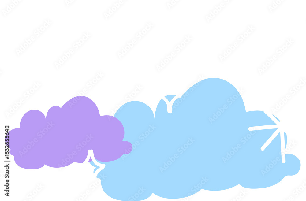 Poster two clouds are floating on transparent background in flat vector, highlighting white sparkle motifs