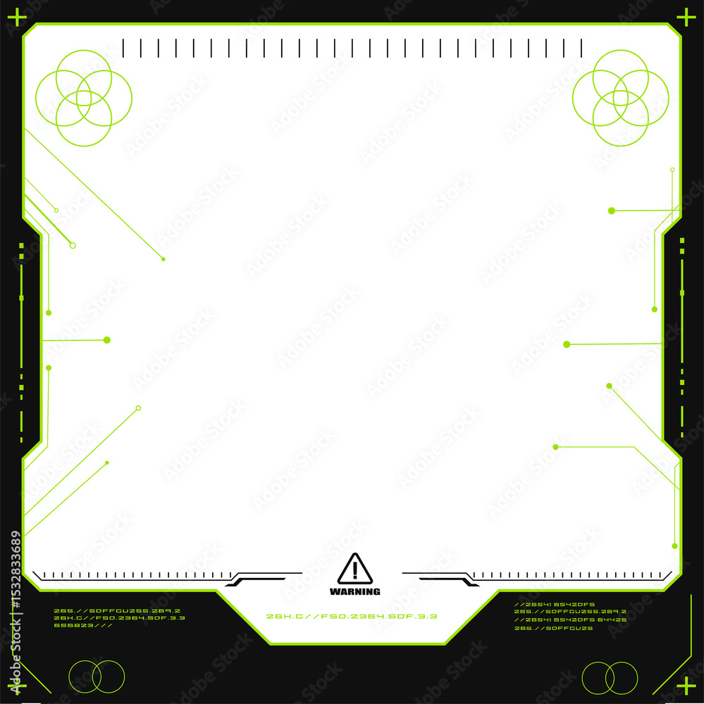 Poster neon flat hud frame is floating with tick marks, data nodes, warning icon on transparent backdrop