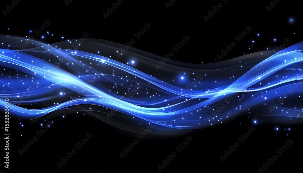 Poster abstract design with flowing blue waves and glittering particles.