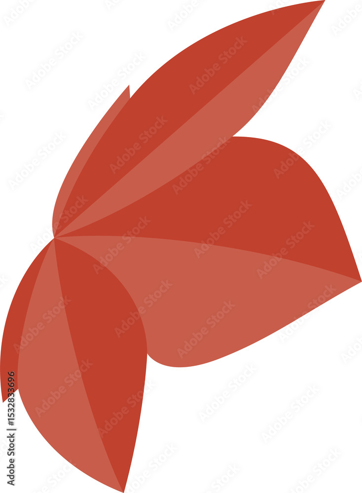 Poster flat abstract red triangles are radiating from center on transparent background forming petal shape