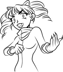 Anime character is striking playful pose in ink art with cat ears, scarf, transparent background