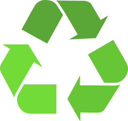 Recycling symbol is showing three green arrows forming loop in flat style, transparent background