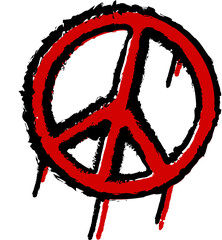 Painting rough red peace symbol with black outline, dripping paint and white dots on clear backdrop