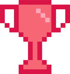 Pixel art trophy cup is shining in red and pink, jagged edges, transparent background, copy space
