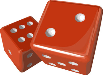 Two glossy red dice are floating in 3D illustration on transparent background, showing white pips