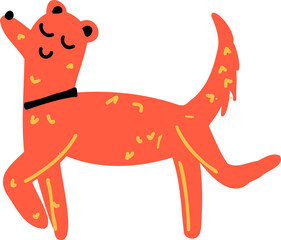 Showing flat orange canine walking, looking up, yellow hearts, black collar, transparent background
