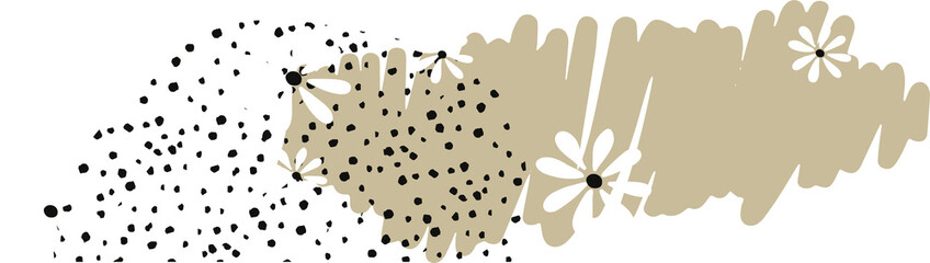 Abstract flat floral design is flowing on transparent canvas with daisies, black dots, beige stroke