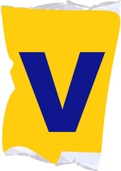 Stylized V is floating on torn yellow paper with curled edges, flat design, transparent background