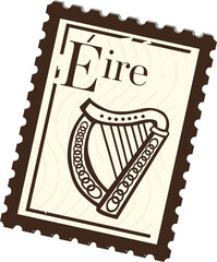 Stylized Celtic harp stamp is showing Éire with brown perforated border on transparent background