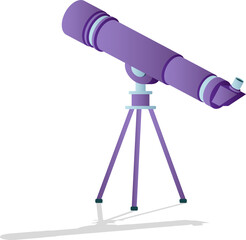 Vector purple telescope is showing tube, eyepiece, bracket, shadow on 3-leg tripod transparent bg