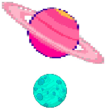 Naklejki Pixel art ringed planet and cratered moon floating on transparent canvas, space theme, copy space
