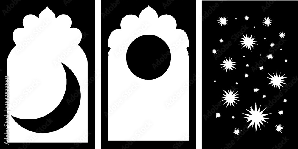 Poster arabesque window frames with moon and starry sky design elements for decorative use