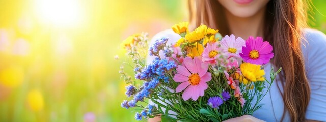 Strong Woman with Wildflower Bouquet in Sunny Field