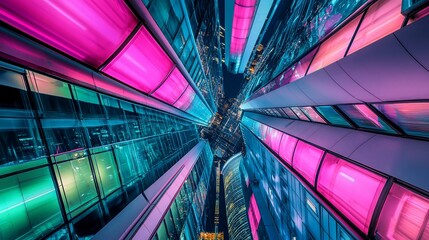 Futuristic city with vibrant neon lights, illuminated buildings at night with abstract design