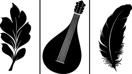 Bardic themes with lute silhouette, feather, and leaf design for musical inspiration