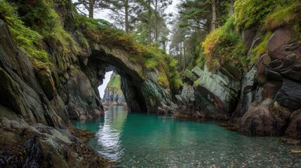 Scenic coastal landscape featuring a natural rock arch framing a turquoise tidal pool, surrounded by lush green vegetation and rugged cliffs.