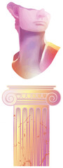 Classical bust fragment floating above Ionic column in pastel gradient graphic, transparent bg