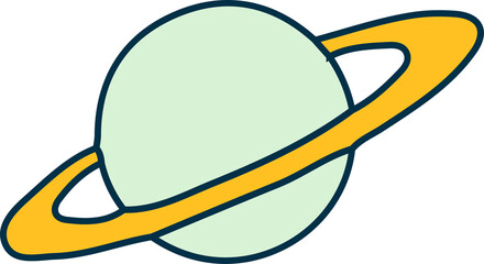 Mint green planet with golden ring is floating on transparent background in flat cartoon design