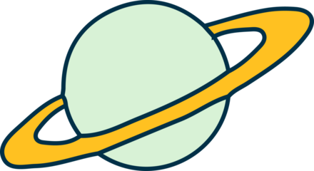 Mint green planet with golden ring is floating on transparent background in flat cartoon design