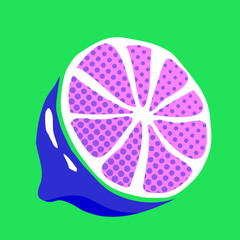 Pop-art stylized citrus half is floating with pink pulp and blue peel on transparent background