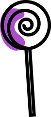Showing vector flat lollipop candy swirling spiral on stick, purple accent, transparent background
