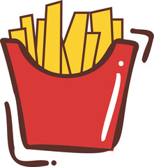 Cartoon fries container is showing golden yellow fries with dark border on transparent background