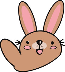 Smiling pink-eared bunny head is raising paw in flat design on transparent background, copy space