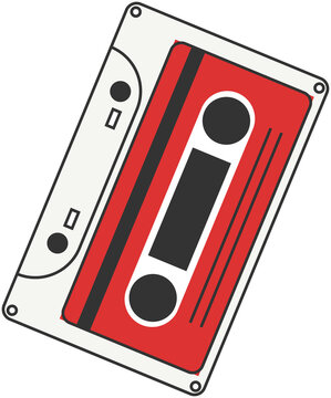 Fototapeta Flat vector showing vintage cassette with red label, spool holes, tape tracks, transparent backdrop