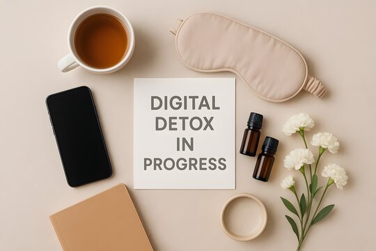 Digital Detox Flat Lay with Relaxation Items Tea Sleep Mask Essential Oils Journal Flowers and Phone Off for Wellness and Mindfulness Retreat Spa Self Care Concept
