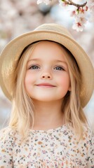 Charming Girl in Floral Dress and Sun Hat