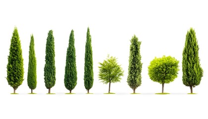 Variety of slender evergreen trees against a white background.