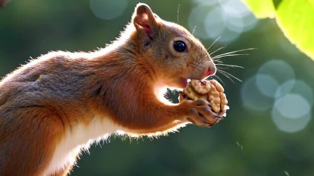 squirrel eating nut a red reaches for a falling walnut from a tree branch, with a soft, natural background.