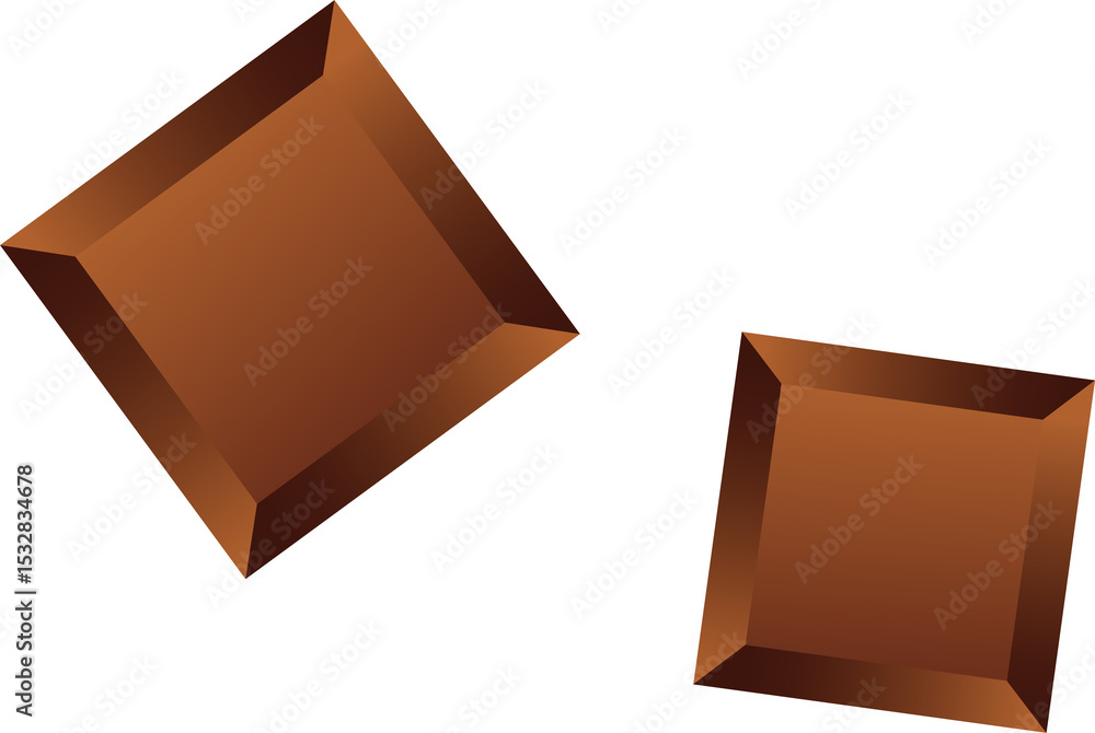 Poster pair of three-dimensional brown rotated squares are floating on transparent background, flat design