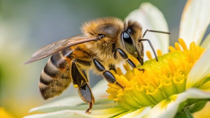 Honeybee on Daisy: A close-up of a honeybee diligently collecting pollen from a vibrant daisy. The intricate details of the bee's body and the flower's petals are beautifully captured.