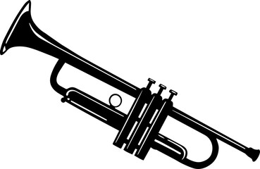 Trumpet is being shown in silhouette style pointing diagonally with valves, transparent background