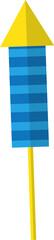 Flat firework rocket is floating on transparent BG, with blue stripes, yellow cone and launch stick