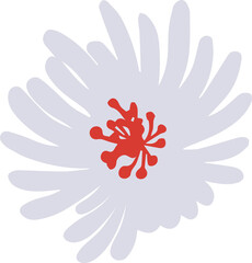 Stylized flower design is showing lavender petals radiating from red center on transparent backdrop
