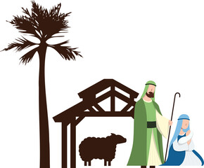 Flat nativity is showing wooden stable, staff, palm tree and sheep silhouettes on transparent bg