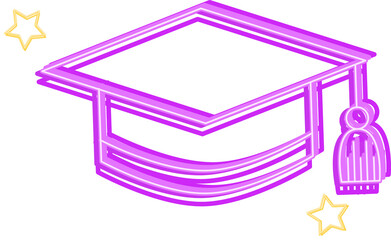 Neon-style illustration showing graduation cap with tassel and stars on transparent background