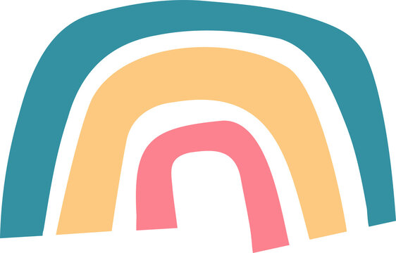 Stylized rainbow is floating in flat style with teal, pale yellow, pink arcs on transparent canvas