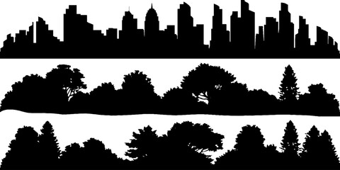 Fototapeta premium Urban and natural silhouette set featuring city skyline and tree horizon