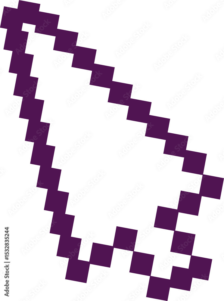 Poster white pixel cursor arrow is pointing diagonally on transparent canvas in retro design, copy space