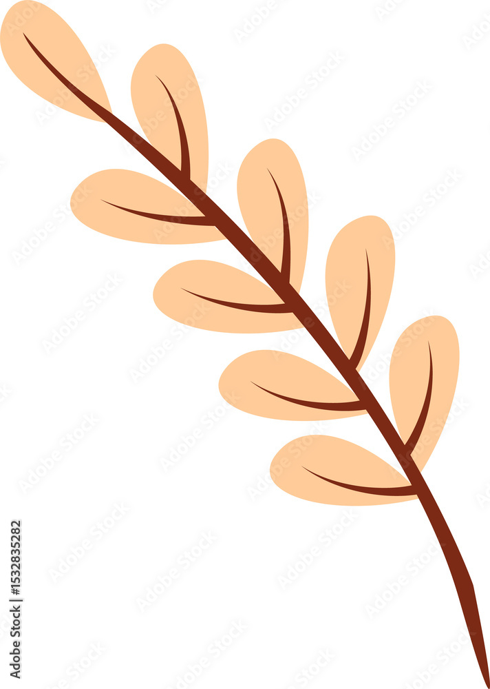 Poster flat vector art is showing abstract twig curving with peach oval leaves on transparent background