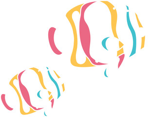 Vector-style tropical fish pair gliding diagonally on transparent canvas showing multicolor stripes