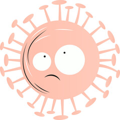 Virus particle is floating in flat design with pink spiky sphere, frown, transparent background