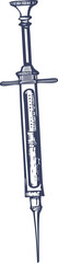 Medical syringe sketch is showing plunger, barrel markings, flange and needle on transparent bg
