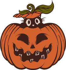 Vector jack-o'-lantern showing black cat head poking through pumpkin lid, transparent background