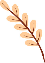Flat vector art is showing abstract twig curving with peach oval leaves on transparent background